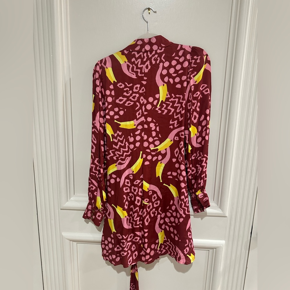 Farm Rio Toucanissimo Mini Dress NWT XS Burgundy Puff Sleeve Boho Style - Picture 9 of 10